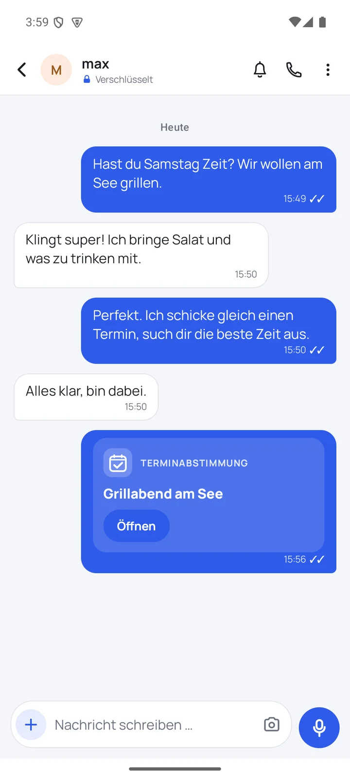 Chat in leisefunk mit Nachrichten und einer Karte für eine Terminabstimmung