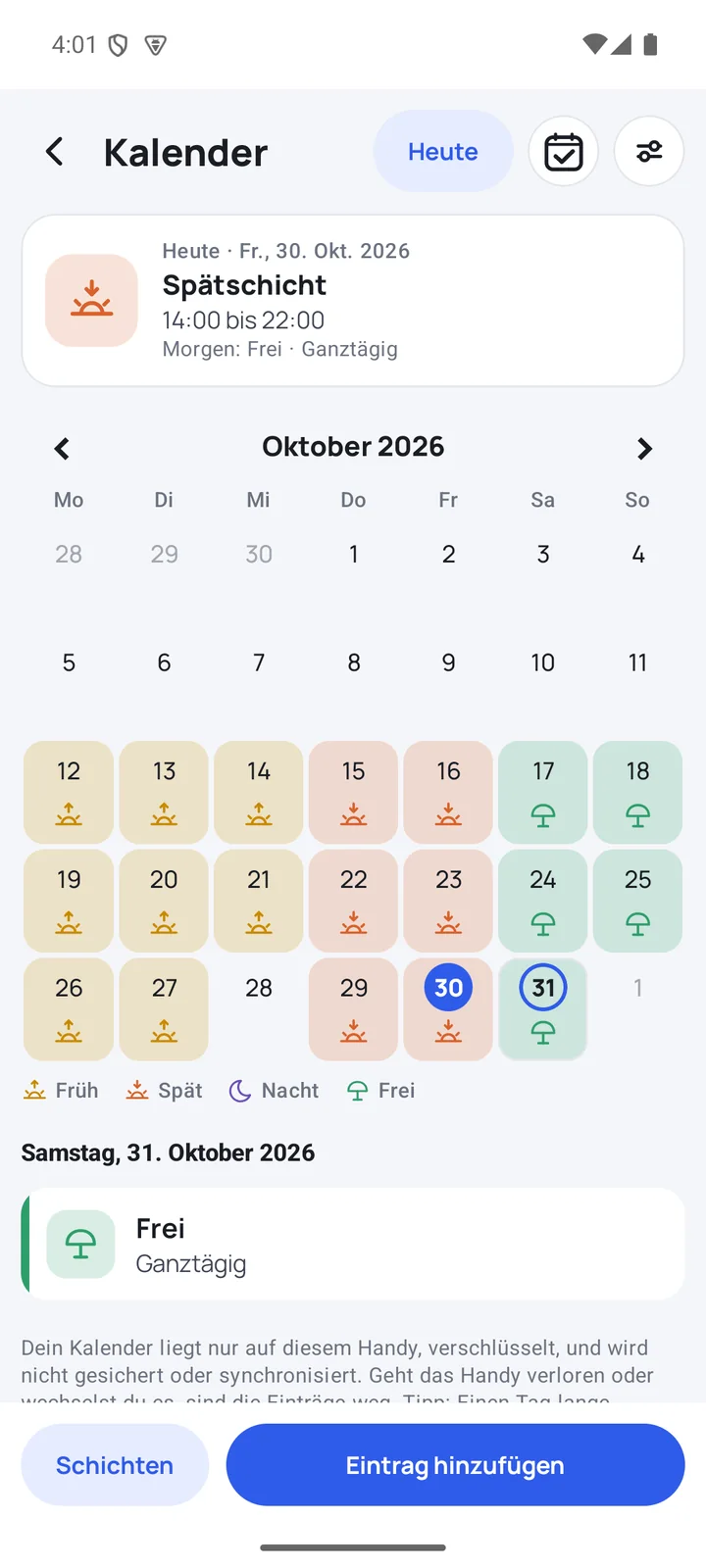 Kalender mit Früh-, Spät- und freien Schichten im Monat Oktober